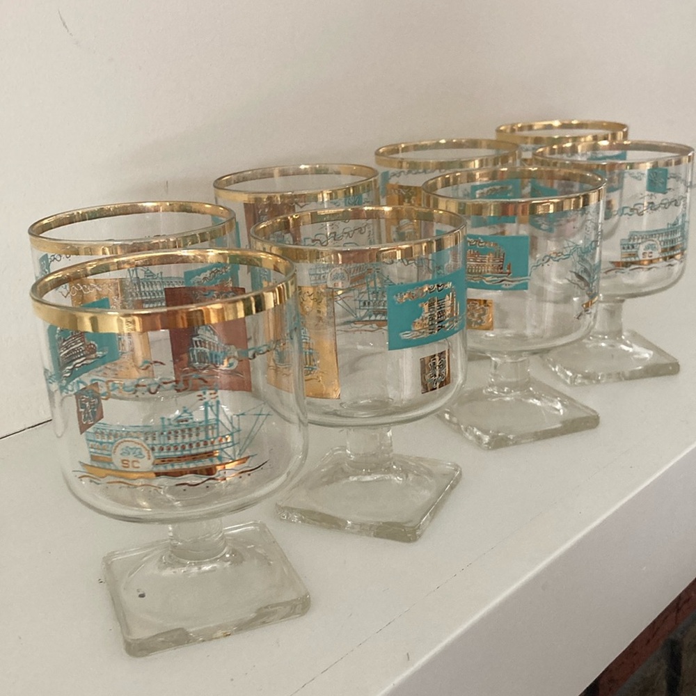 8 MCM 1968 Libbey Southern Comfort Steamboat Footed Glass Gold & Turquoise